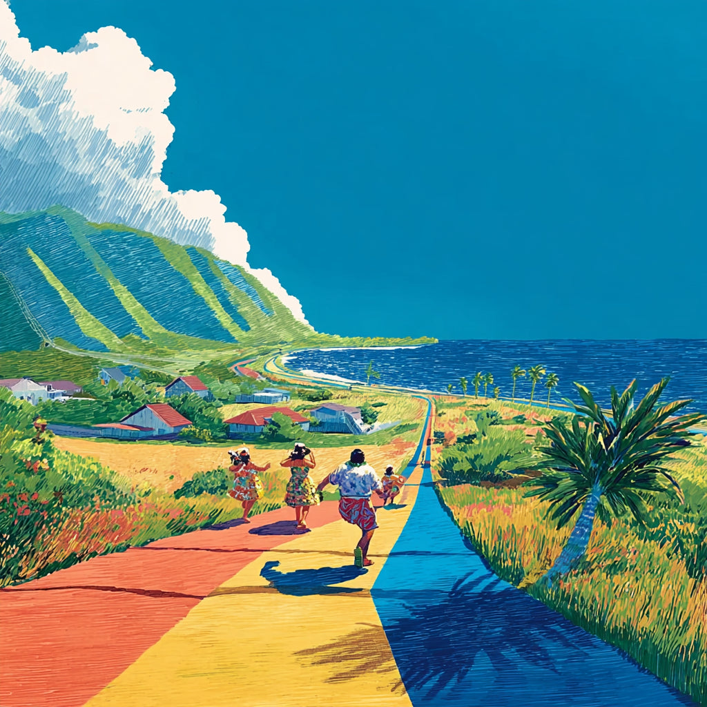 Arofa Keikicciのブランドイメージビジュアル（海辺のリゾートを描いたカラフルなイラスト）