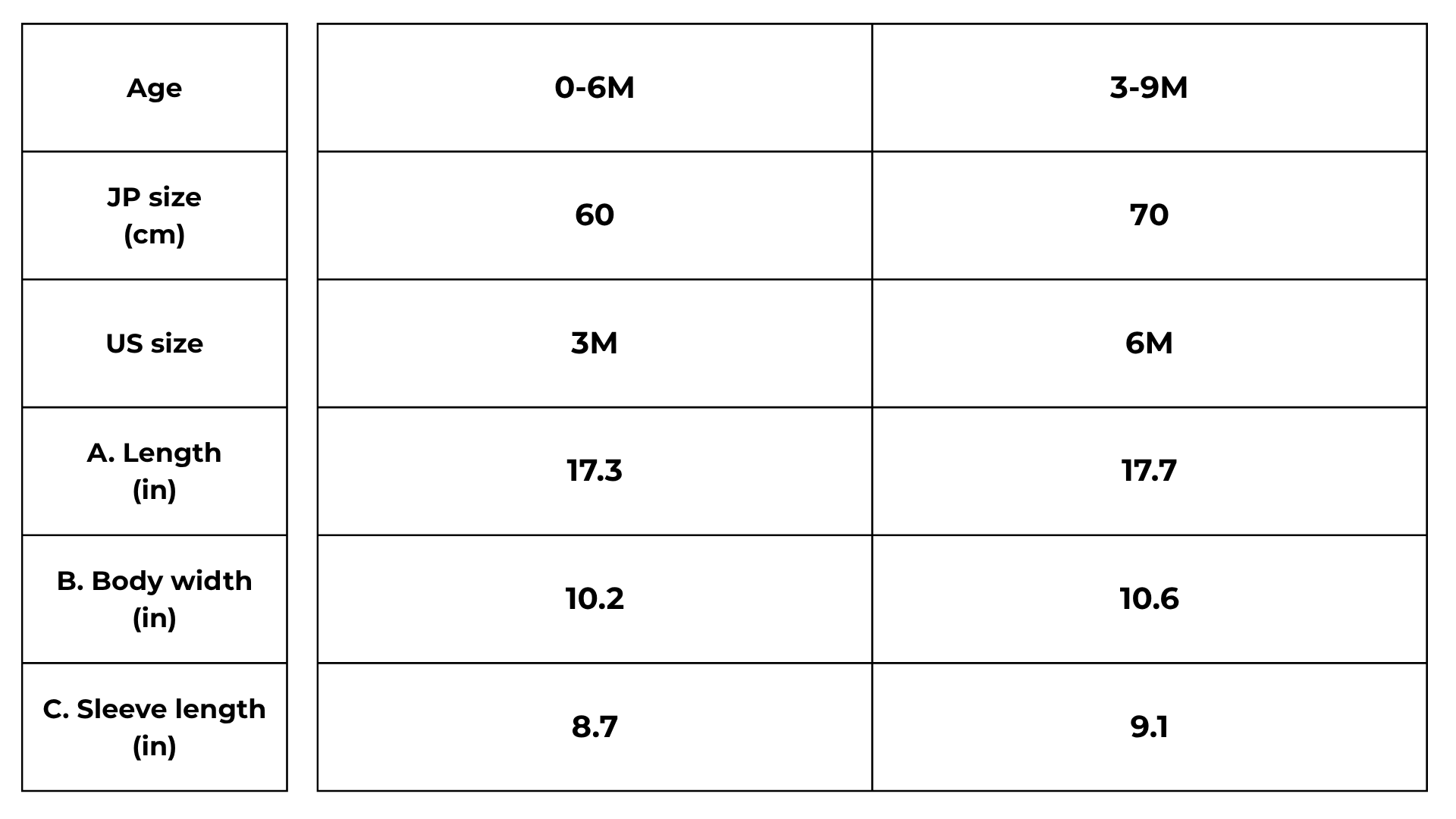 英語版サイズ表（カバーオール）